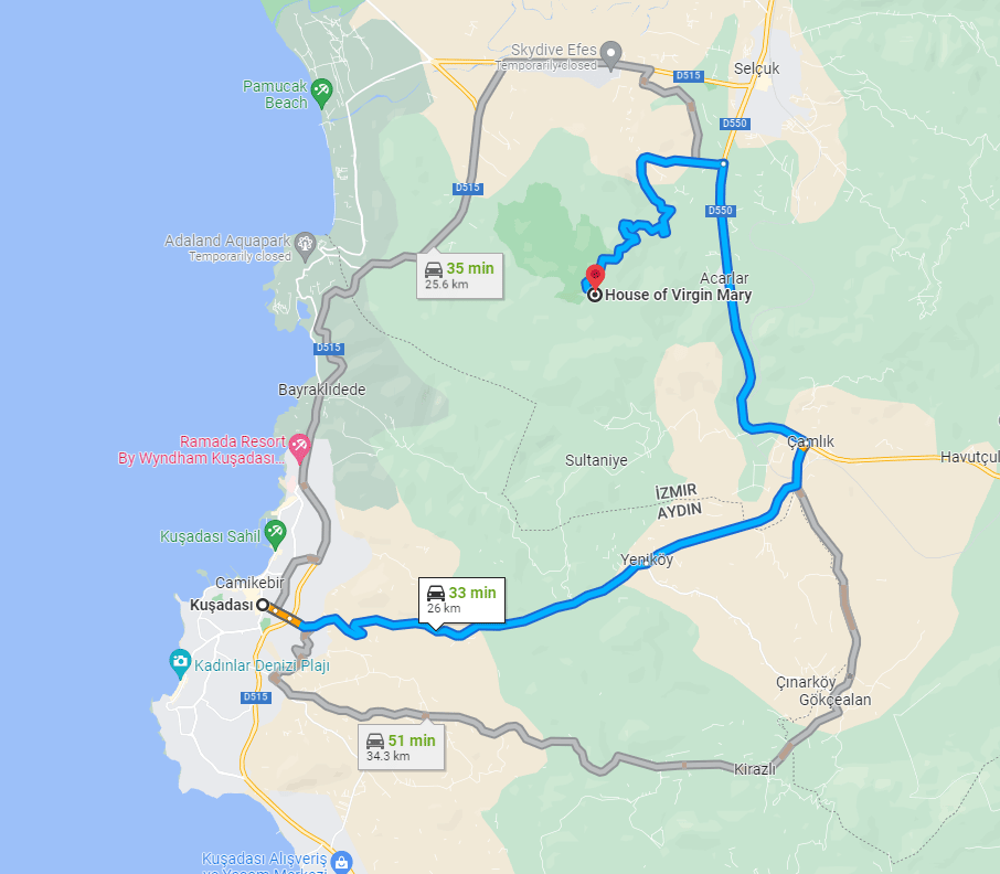 Duration from Kusadasi to House of Virgin Mary
