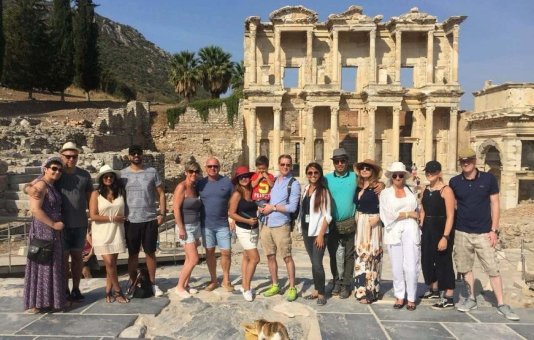 A small group in front of Celsus Library in Ephesus Ancient City
