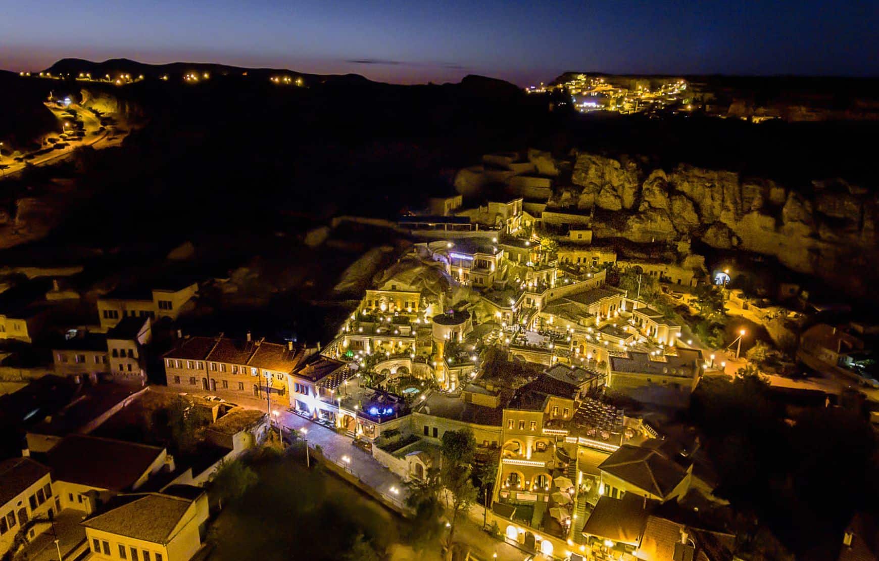 aerial night view of Utopia Cave Cappadocia