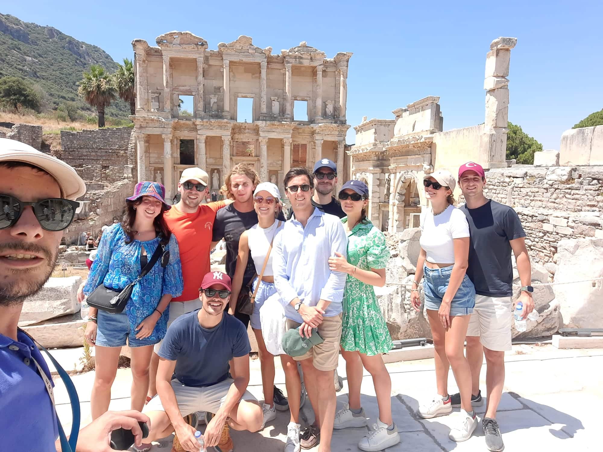 private Ephesus day tour from Istanbul guests at Celsus Library with guide